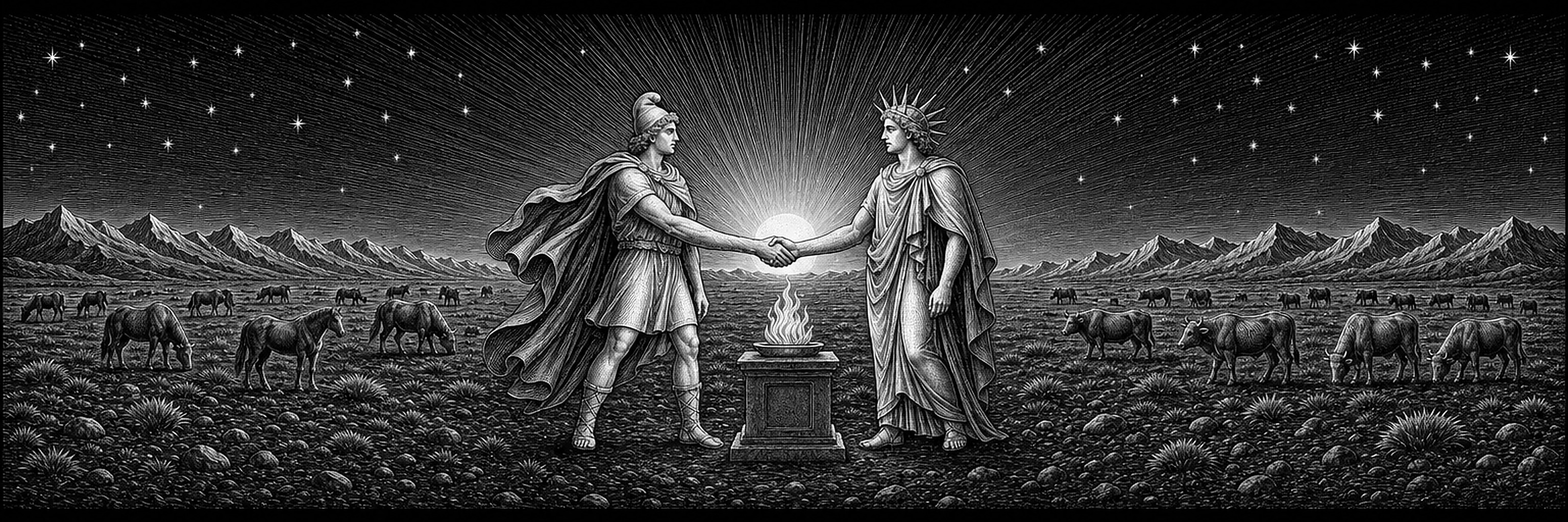 Engraving of Mithra in a Phrygian cap and Sol in a radiate crown clasping right hands over a fire altar before the rising sun, herds grazing across the steppe