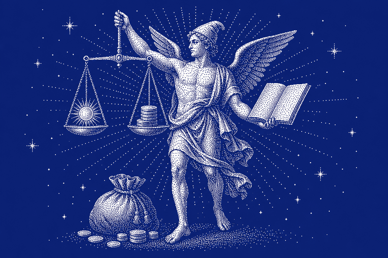 Dotted engraving of a winged genius holding a balanced scale — a sun on one pan, coins on the other — and an open ledger
