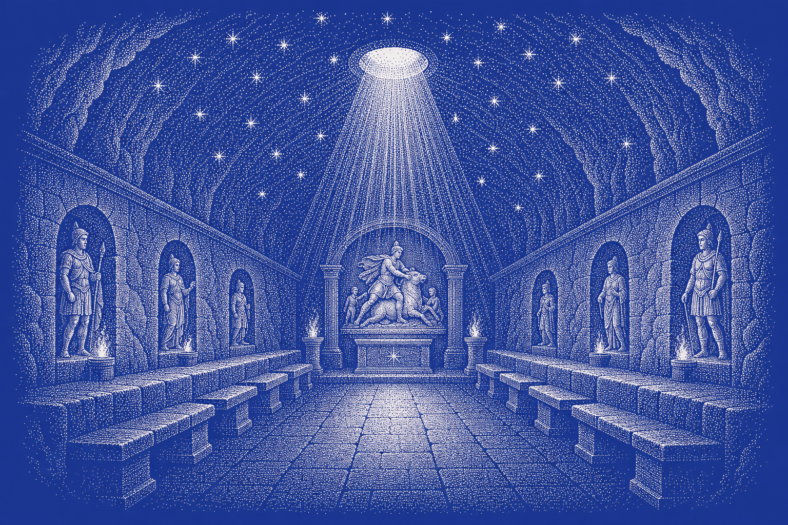 Dotted engraving of a vaulted mithraeum crypt, a shaft of light striking the central altar
