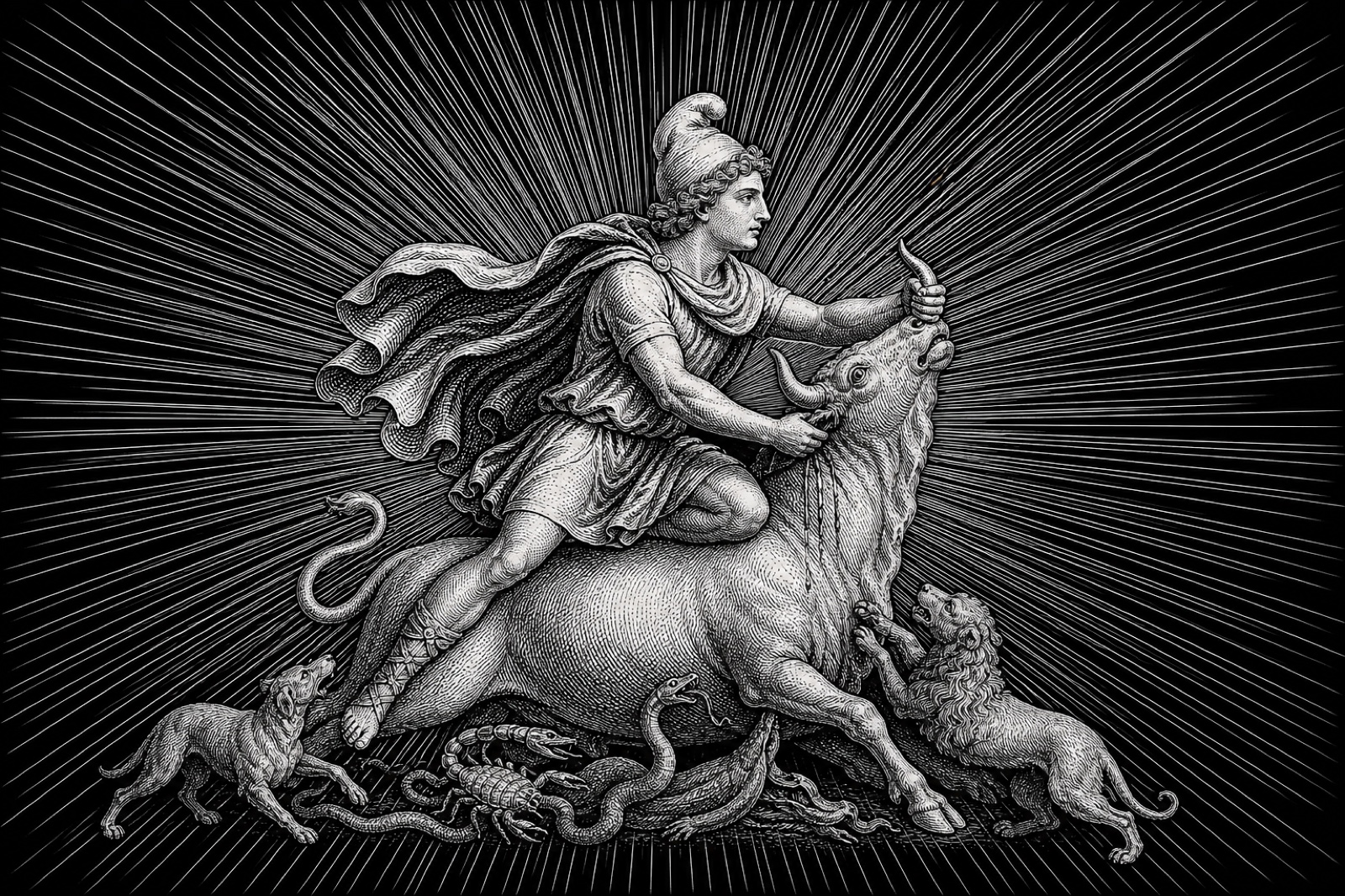 Engraving of Mithras and the bull within a radiant sunburst