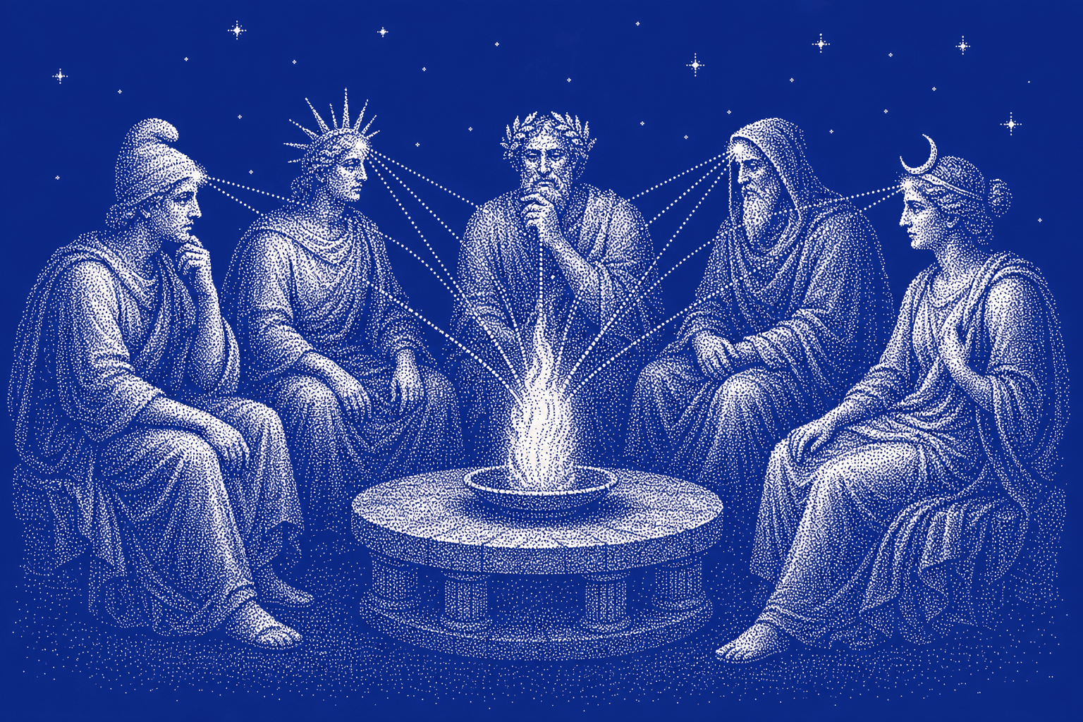 Dotted engraving of five robed figures in council around one central flame, rays touching each brow