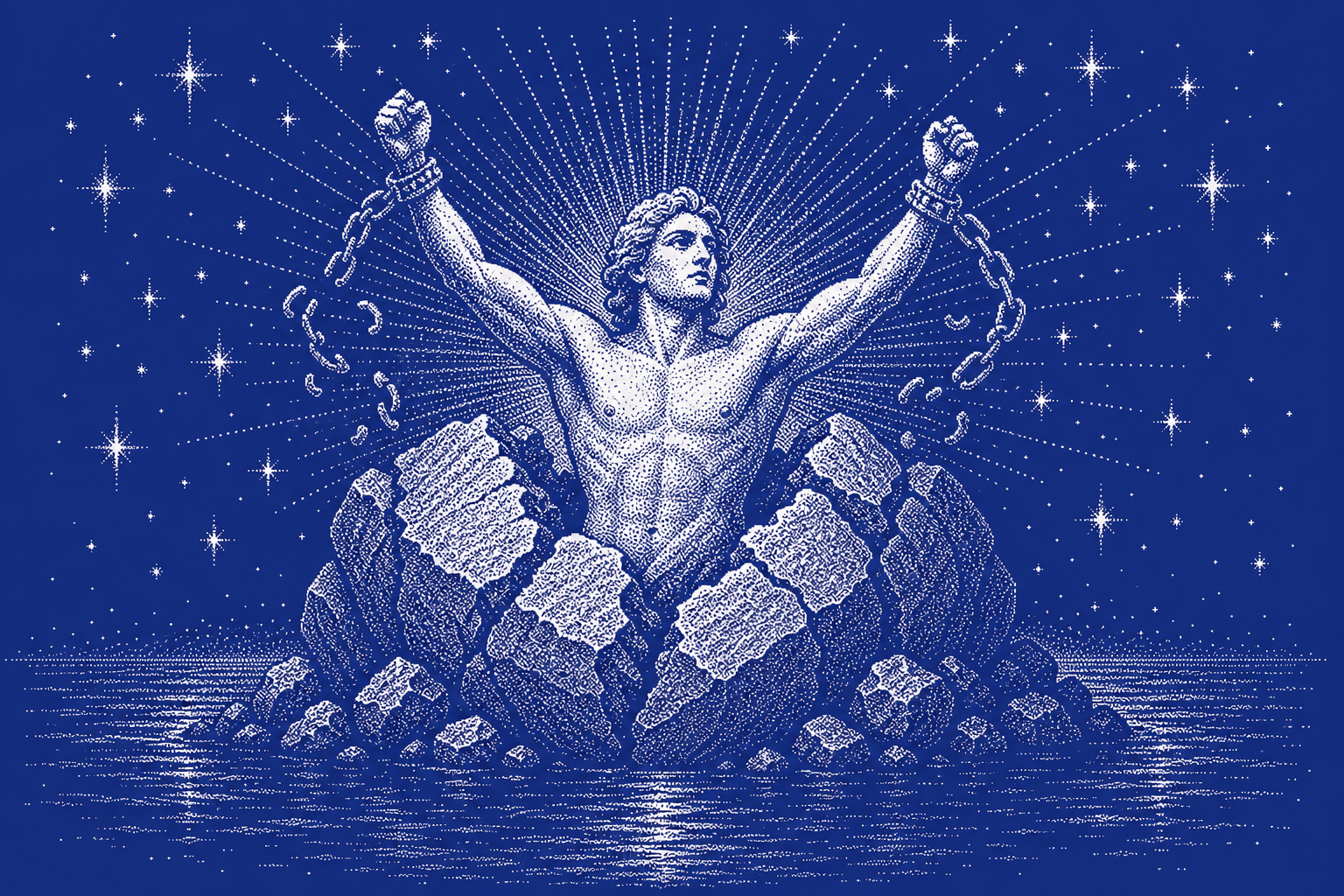 Dotted engraving of a figure born free from split rock, broken chains falling, rays ending in stars over a lake