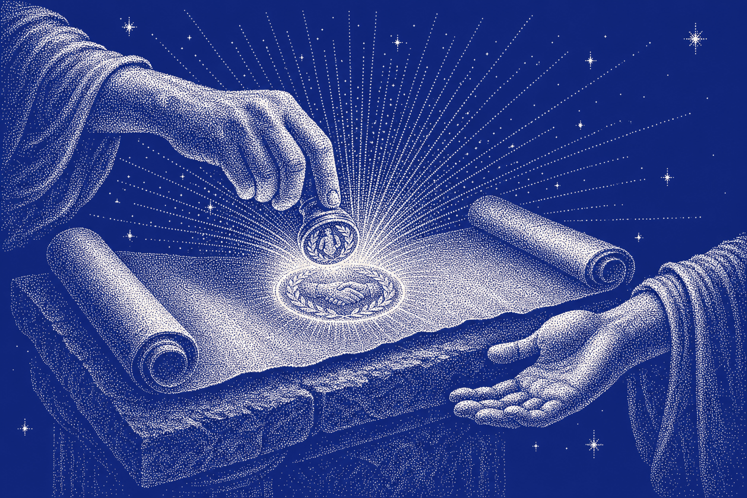 Dotted engraving of a hand pressing a signet ring into radiant wax on a charter, an open hand receiving it
