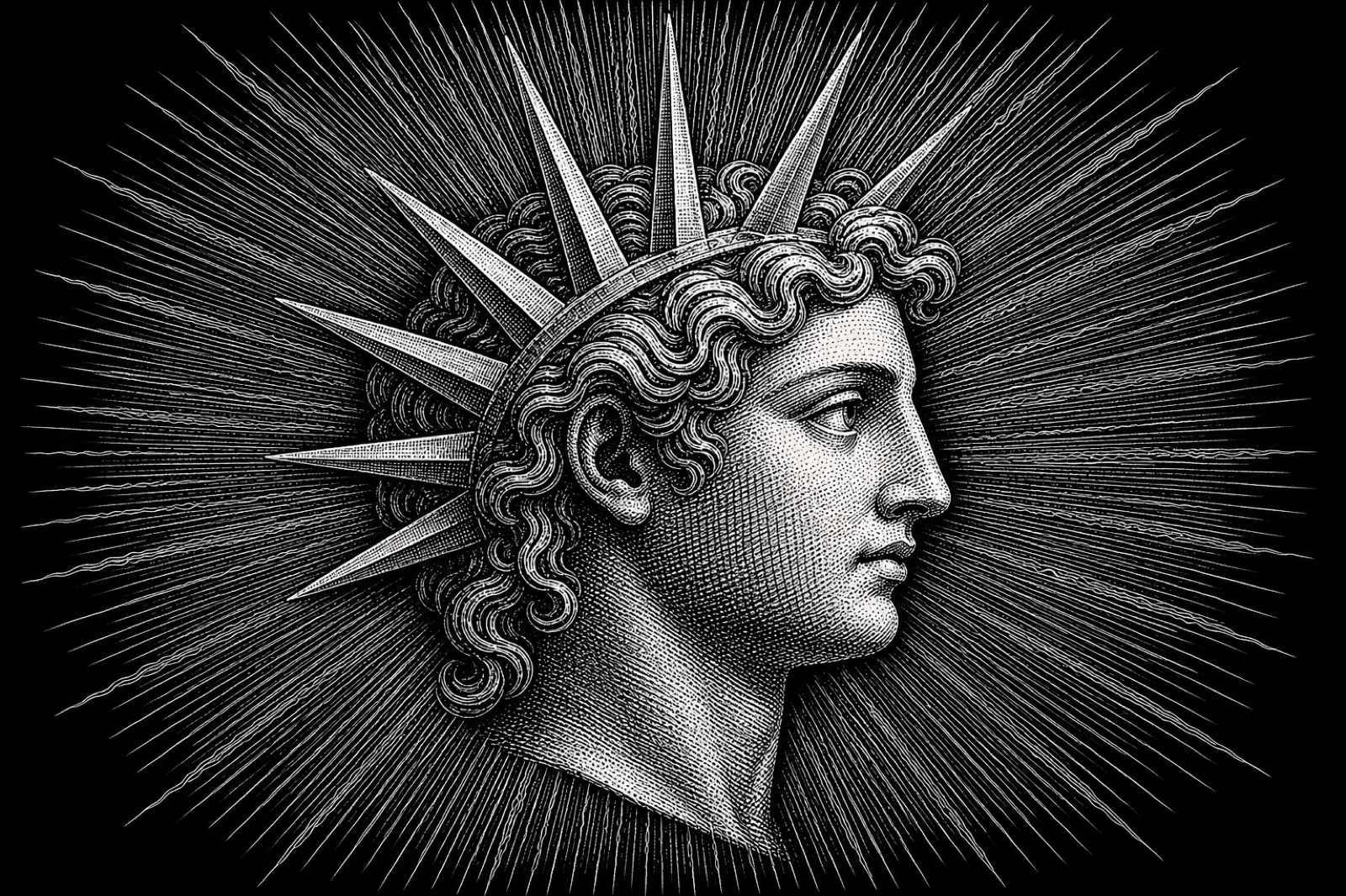 Engraved radiant head of the unconquered sun
