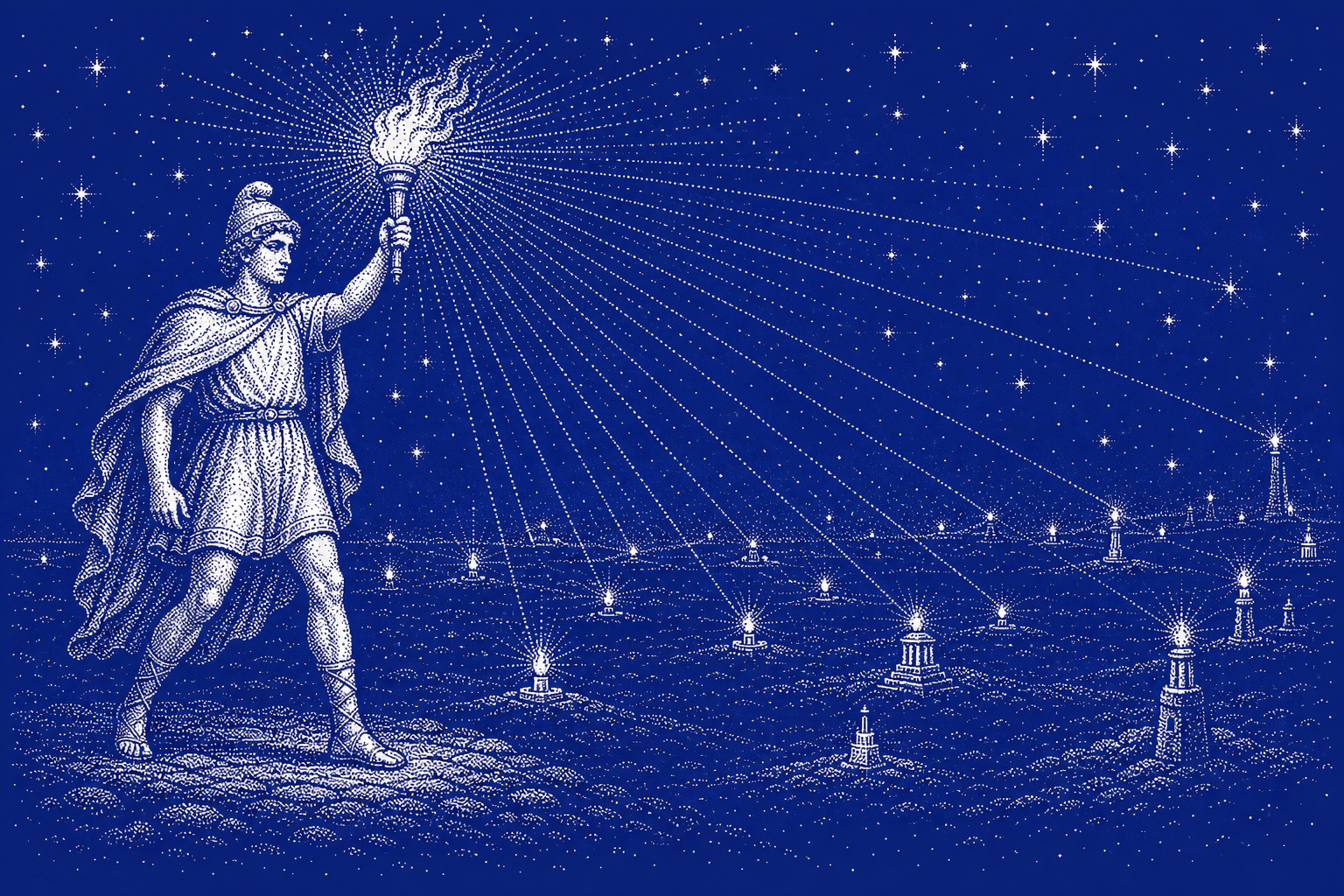 Dotted engraving of a torchbearer whose single flame kindles dozens of distant beacons across a dark plain